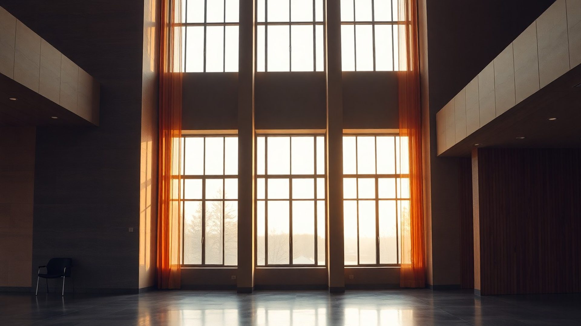 Interior arhitectural în tonuri de ardezie, cu lumină caldă filtrată prin ferestre înalte