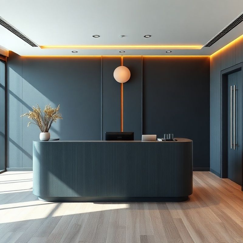Recepție minimalistă într-un birou profesional în tonuri de ardezie, cu accent cald de ocru