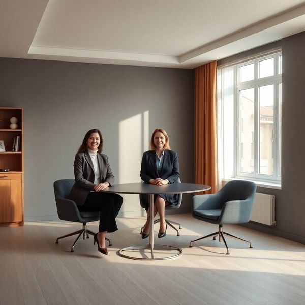 Portret editorial al consilierilor financiari într-un birou minimalist în tonuri de ardezie